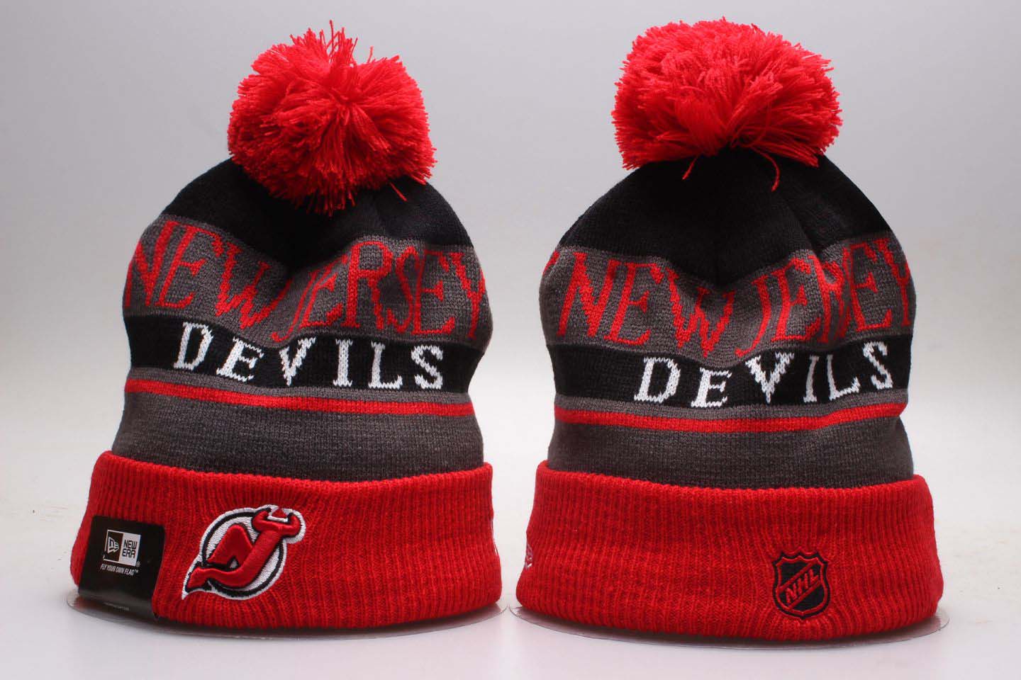 Devils Red Wordmark Cuffed Pom Knit Hat YP - Click Image to Close